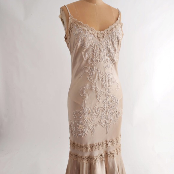 silk beaded evening dress|sue wong nocturne champagne full-length gown mermaid M - Picture 3 of 6